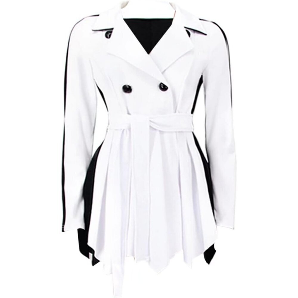 Women White Two Tone V Neck Double Breasted Peplum Belted Blazer Mini Dress - Picture 3 of 5
